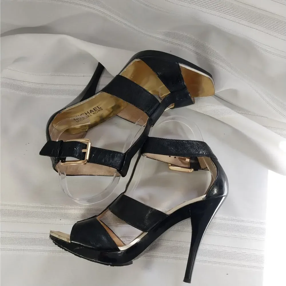 MICHAEL KORS! RICH BLACK GENUINE LEATHER, HARNESS FRONT/BUCKLE HEELS! SZ 6.5M